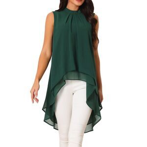Casual Tie Back Asymmetrical Sleeveless Mock Neck Flowy Blouse Tops Dark Green